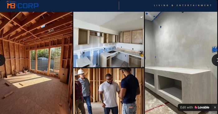 FB Corp portfolio showing framing, a kitchen, and finished interior spaces